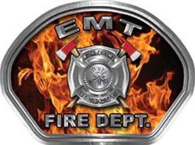  
	EMT Fire Fighter, EMS, Rescue Helmet Face Decal Reflective in Inferno Real Flames 
