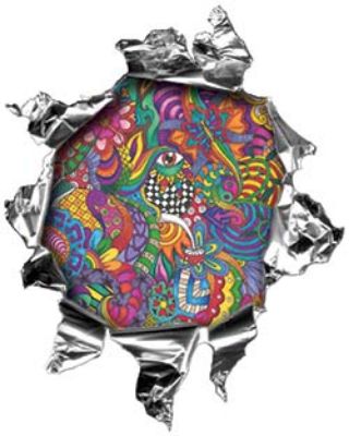 
	Mini Rip Torn Metal Bullet Hole Style Graphic with Psychedelic Art Design
