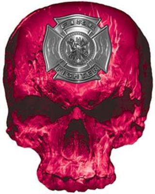 
	Skull Decal / Sticker with Pink Inferno Flames and Firefighter Maltese Cross
