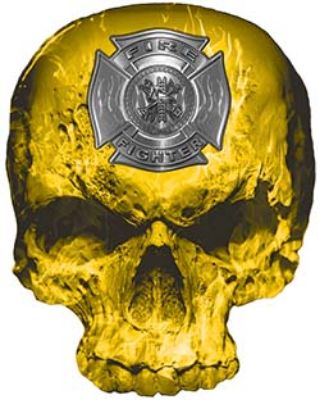 
	Skull Decal / Sticker with Yellow Inferno Flames and Firefighter Maltese Cross

